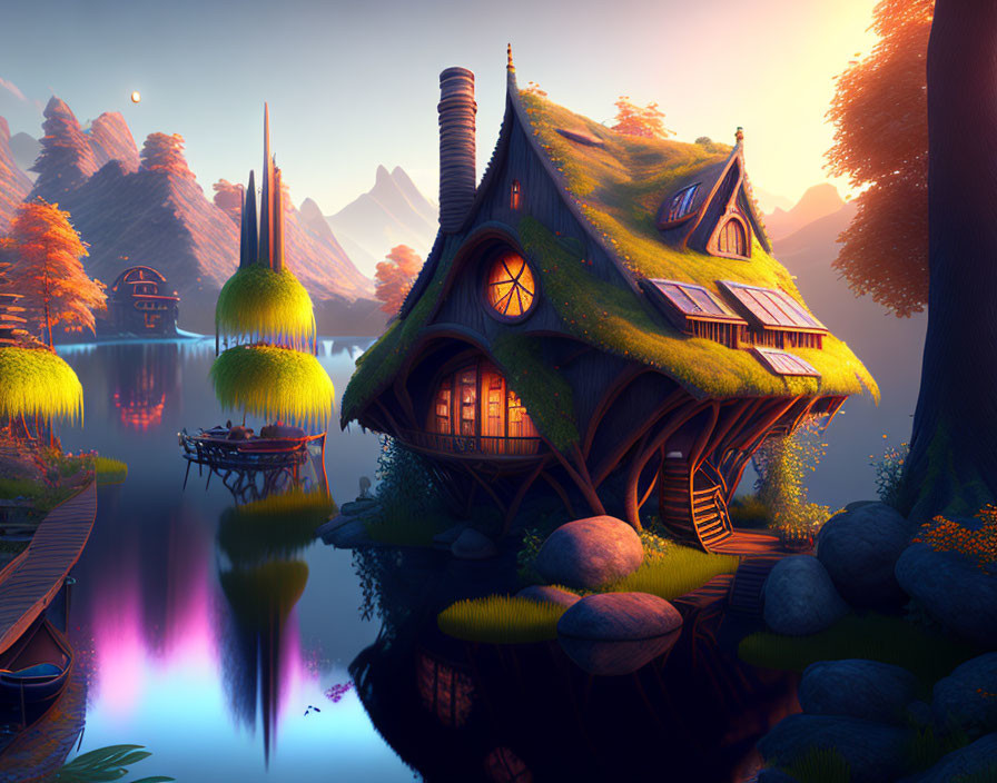 Lakeside fantasy cottage with grassy roofs on rock in warm sunset light