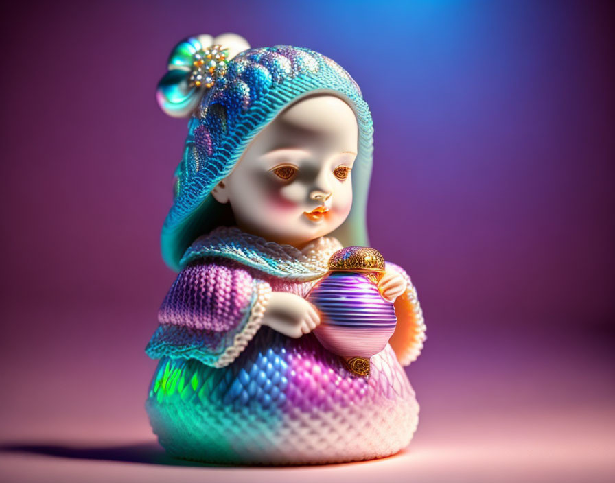 Colorful porcelain child figurine in textured costume with hat and orb on pink-purple gradient.