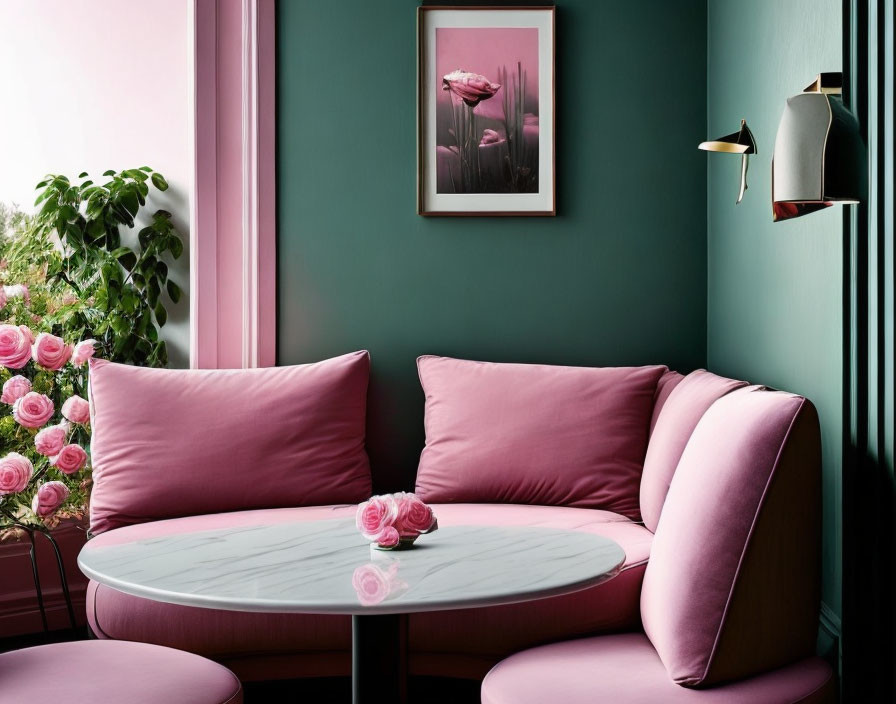 Cozy nook with white table, pink seating, green walls, floral frame, plants, and