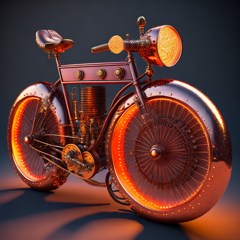 Vintage Motorcycle with Glowing Orange Wheels and Headlights