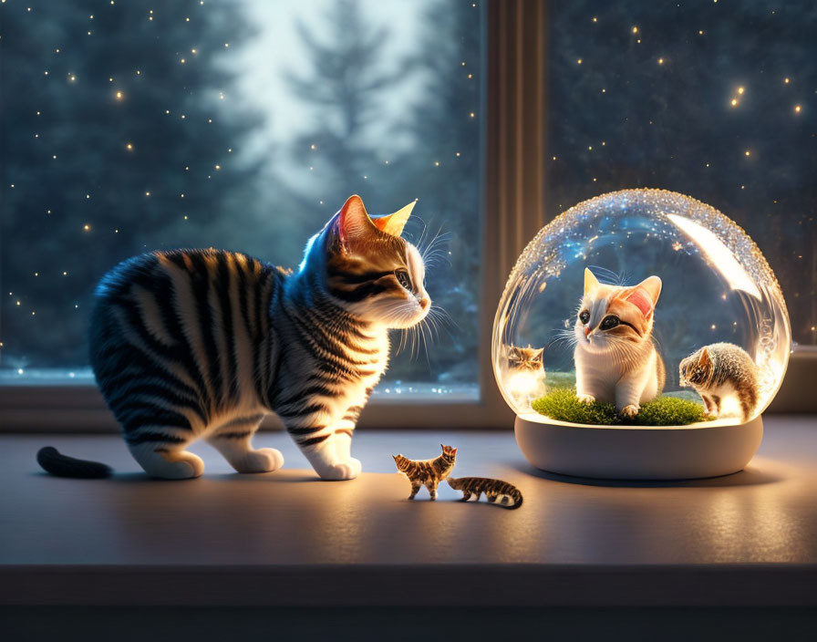 Cat watching glowing sphere with wintry twilight backdrop