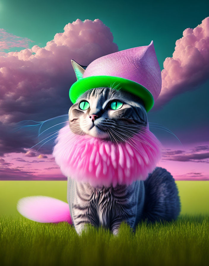 Grey Tabby Cat Digital Artwork with Green Eyes and Pink/Green Hat on Vivid Sky