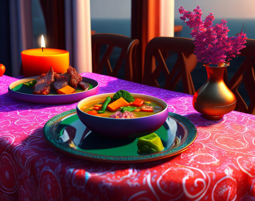 Intimate dinner scene with vegetable soup, meat plate, candle, and pink flowers on purple tablecloth