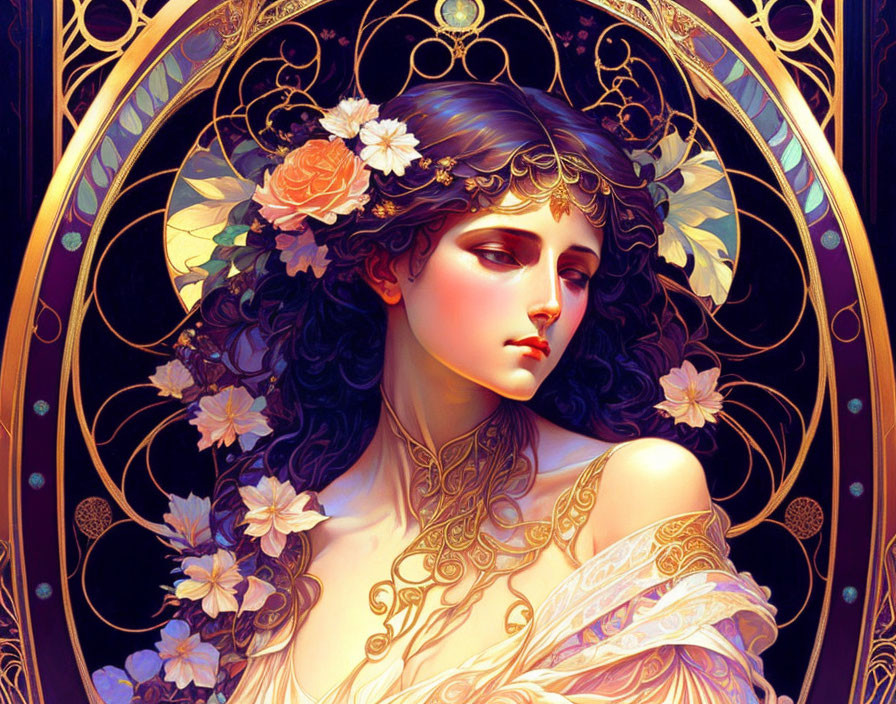 Art Nouveau Woman with Floral Hair and Golden Patterns