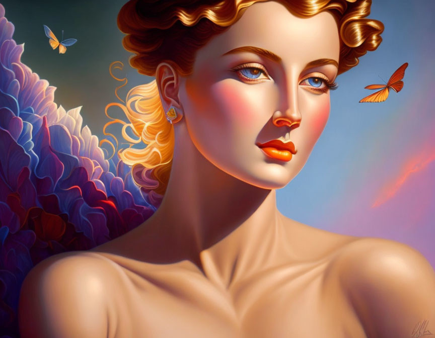 Illustration of woman with wavy hair, serene expression, warm lighting, and butterflies.