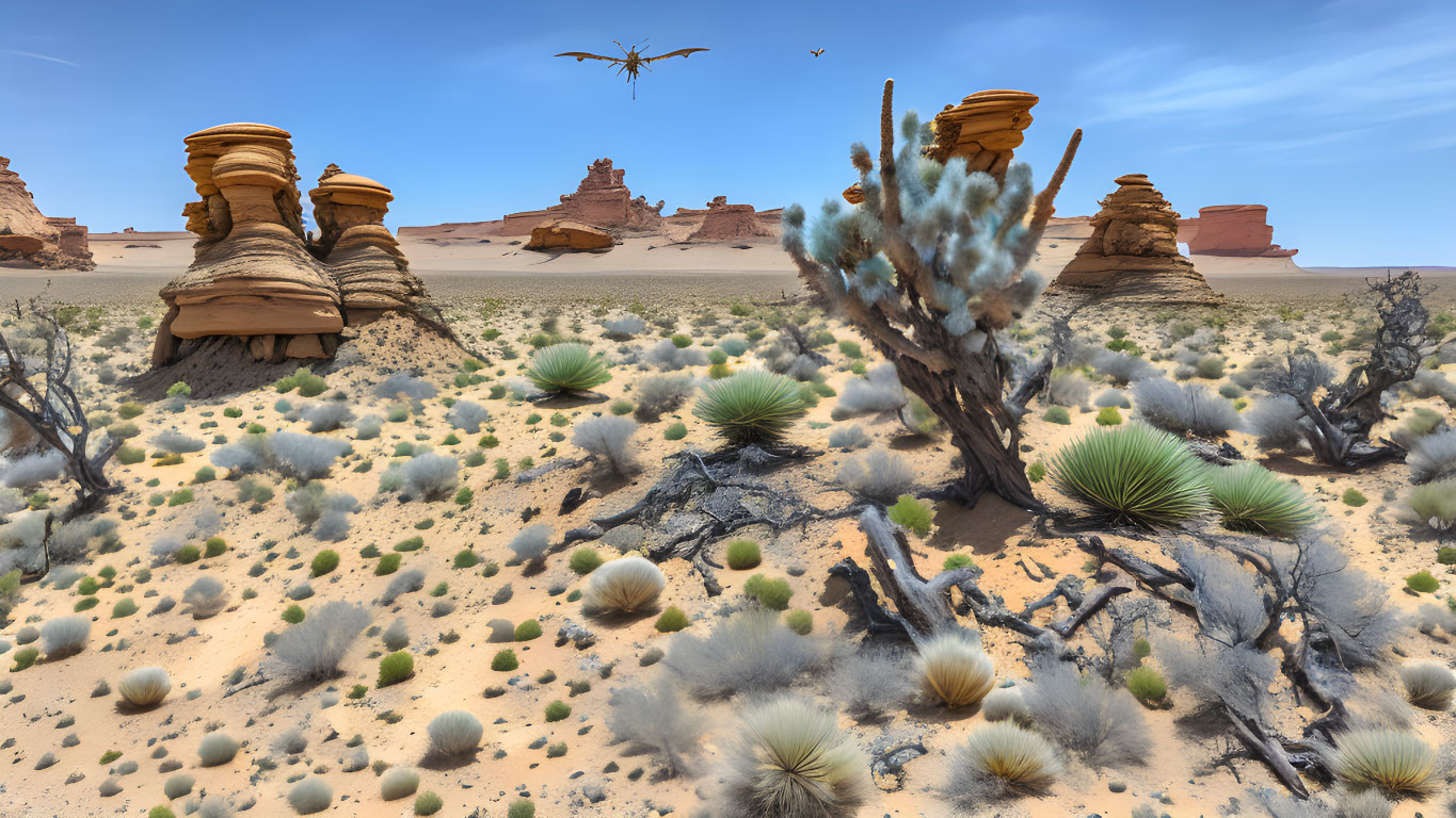 Rock formations and birds in desert landscape under blue sky