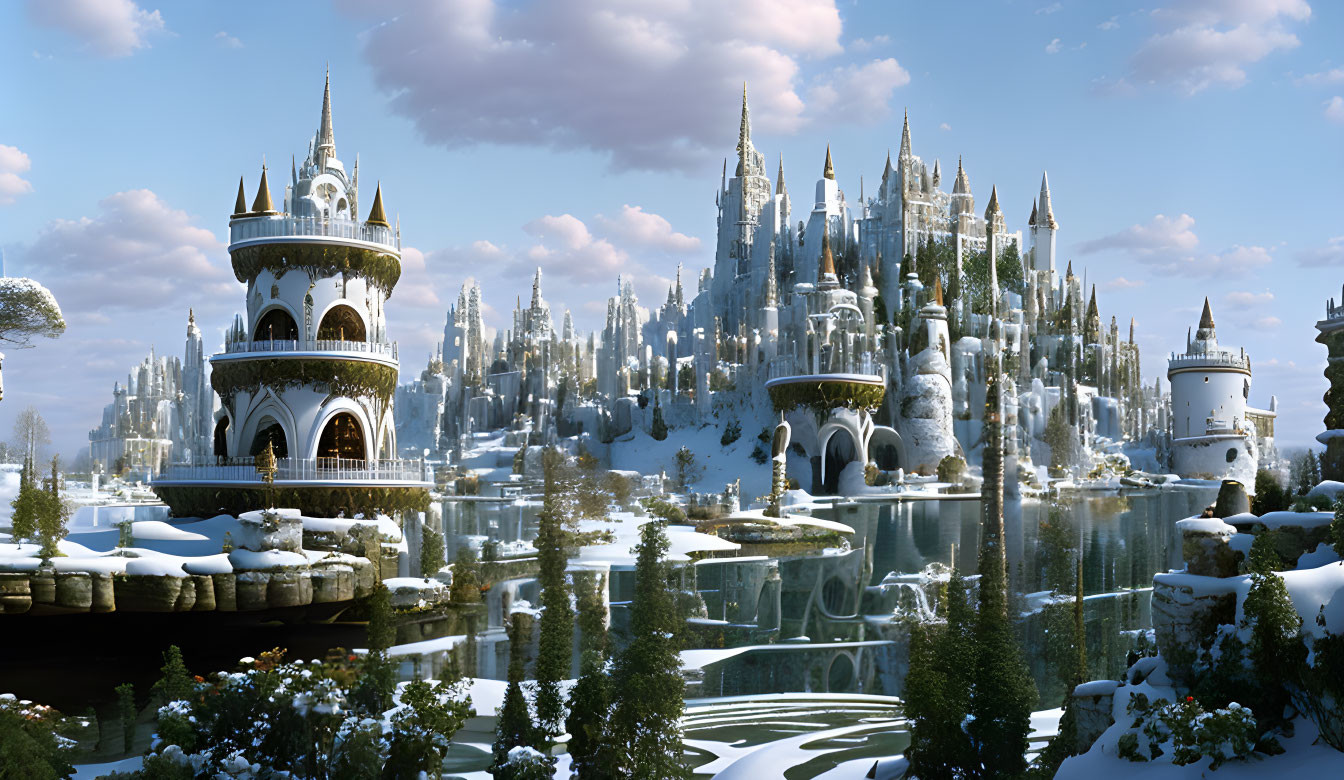 Snow-covered castles, frozen lakes, and serene forests in winter landscape