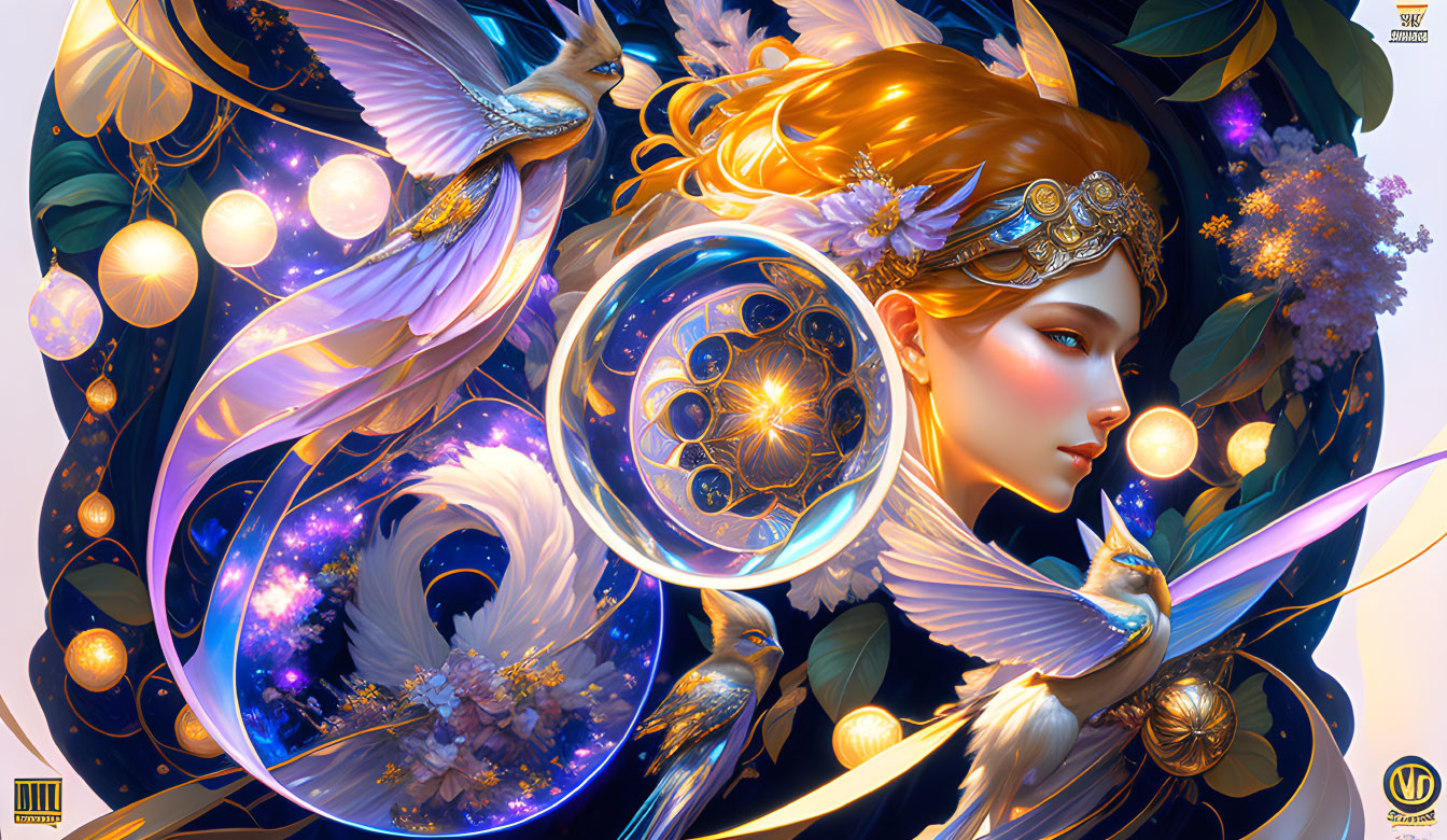 Fantastical female figure with butterfly wings and celestial motifs holding a glowing orb