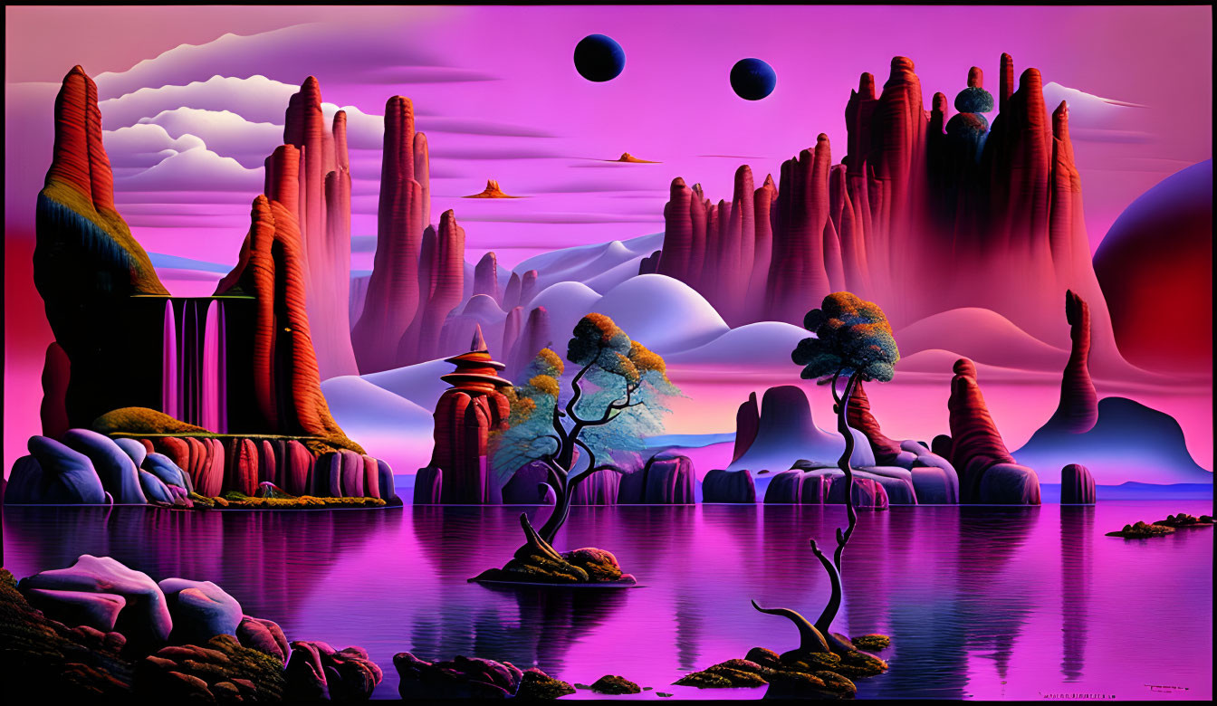 Vibrant pink and purple surreal landscape with rock formations and celestial bodies