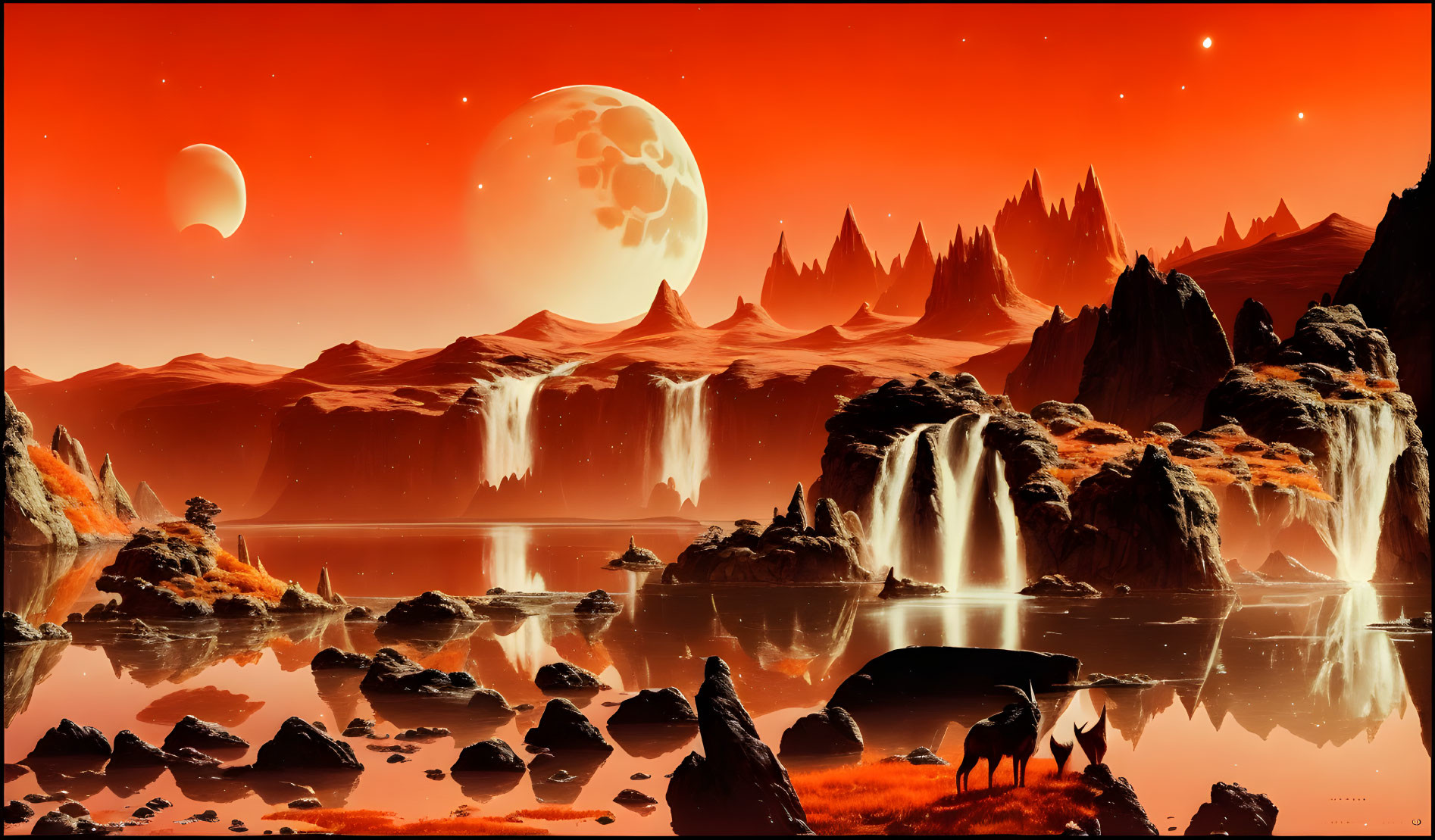 Alien landscape with red tint, waterfalls, lake, rock formations, and two moons.