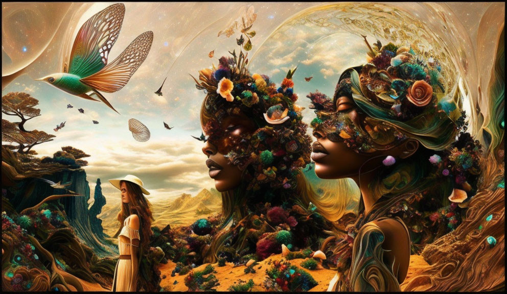 Surreal fantasy image with floral figures in enchanted forest