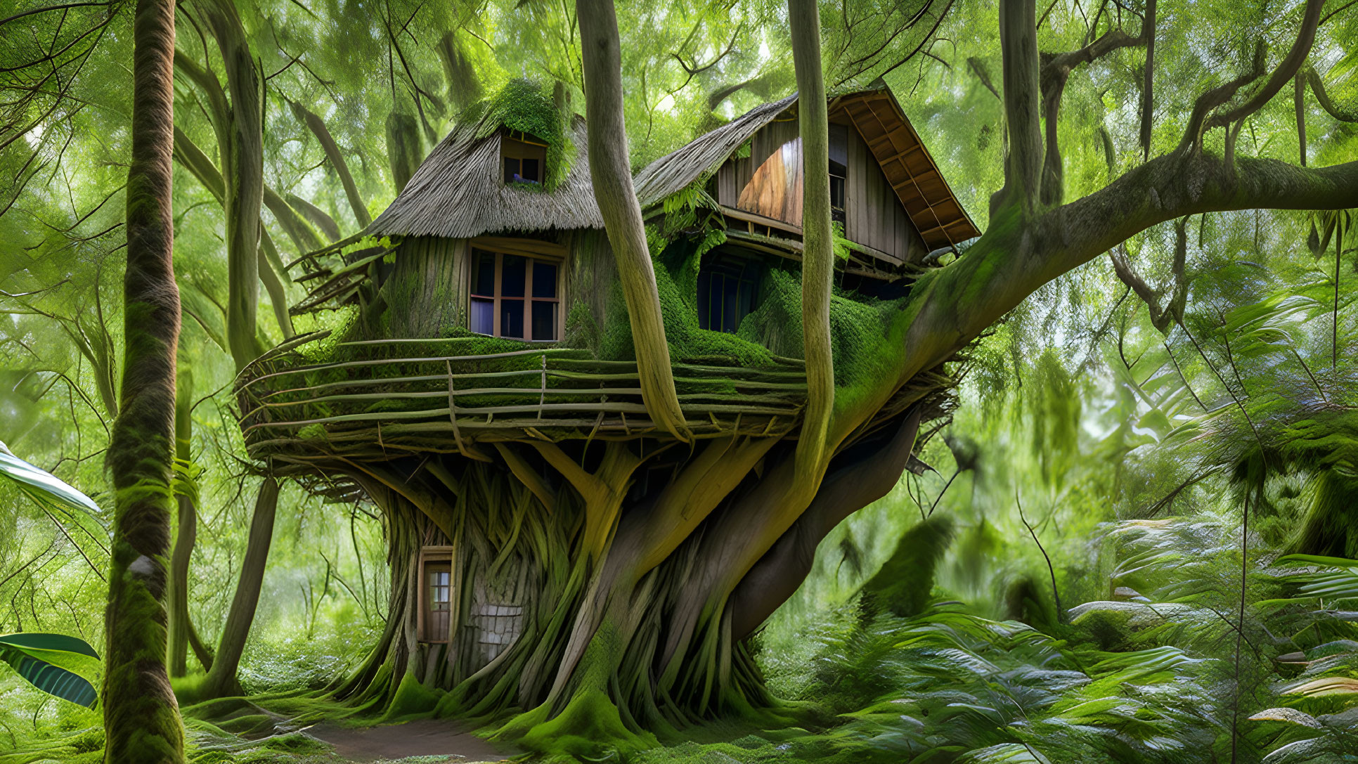 Thatched Roof Treehouse in Lush Green Forest