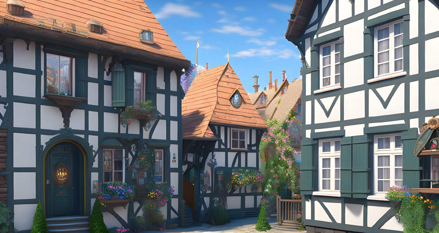 Picturesque European Street with Half-Timbered Houses and Colorful Flowers