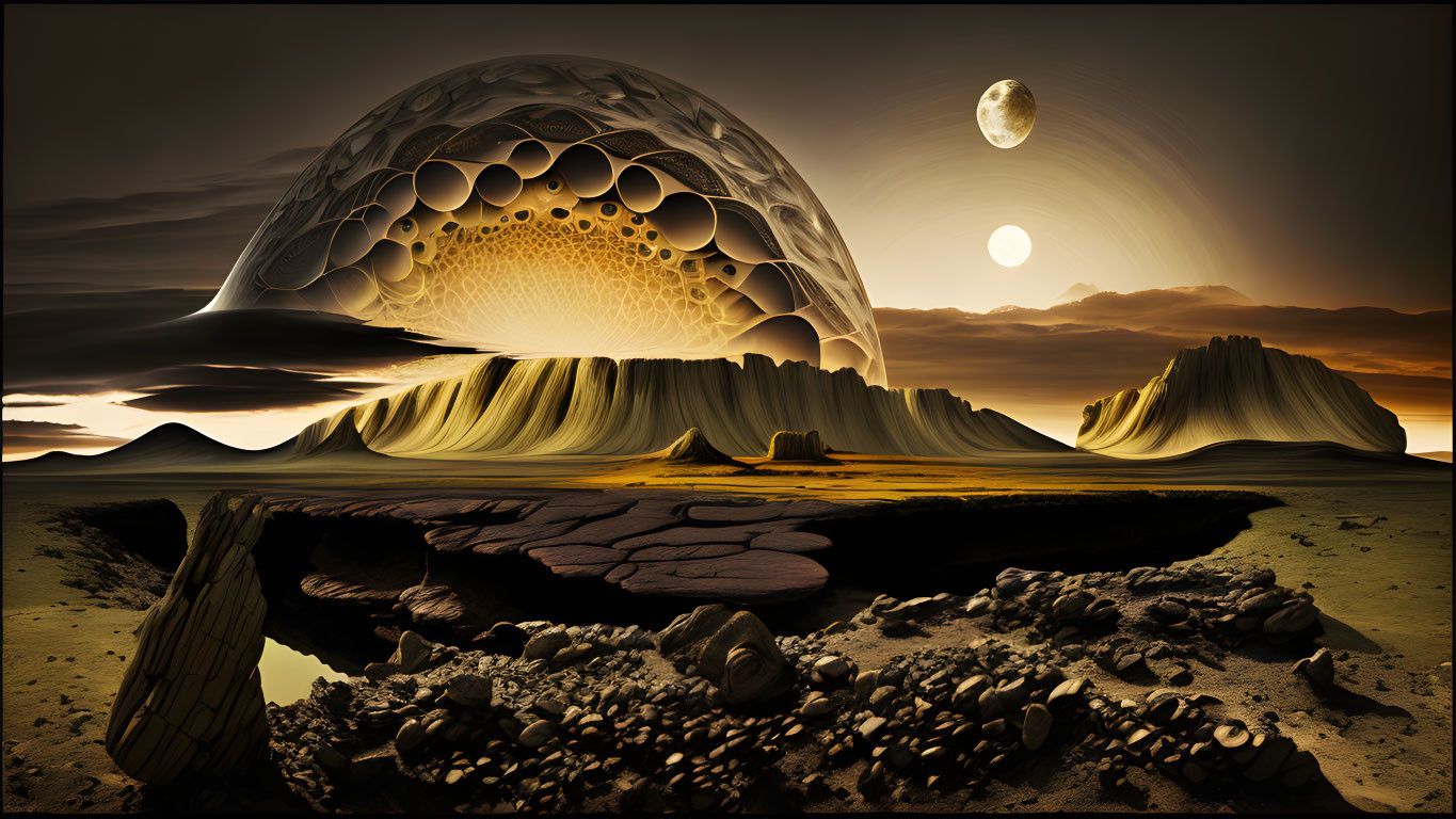 Surreal landscape with textured dome, moons, cracked ground