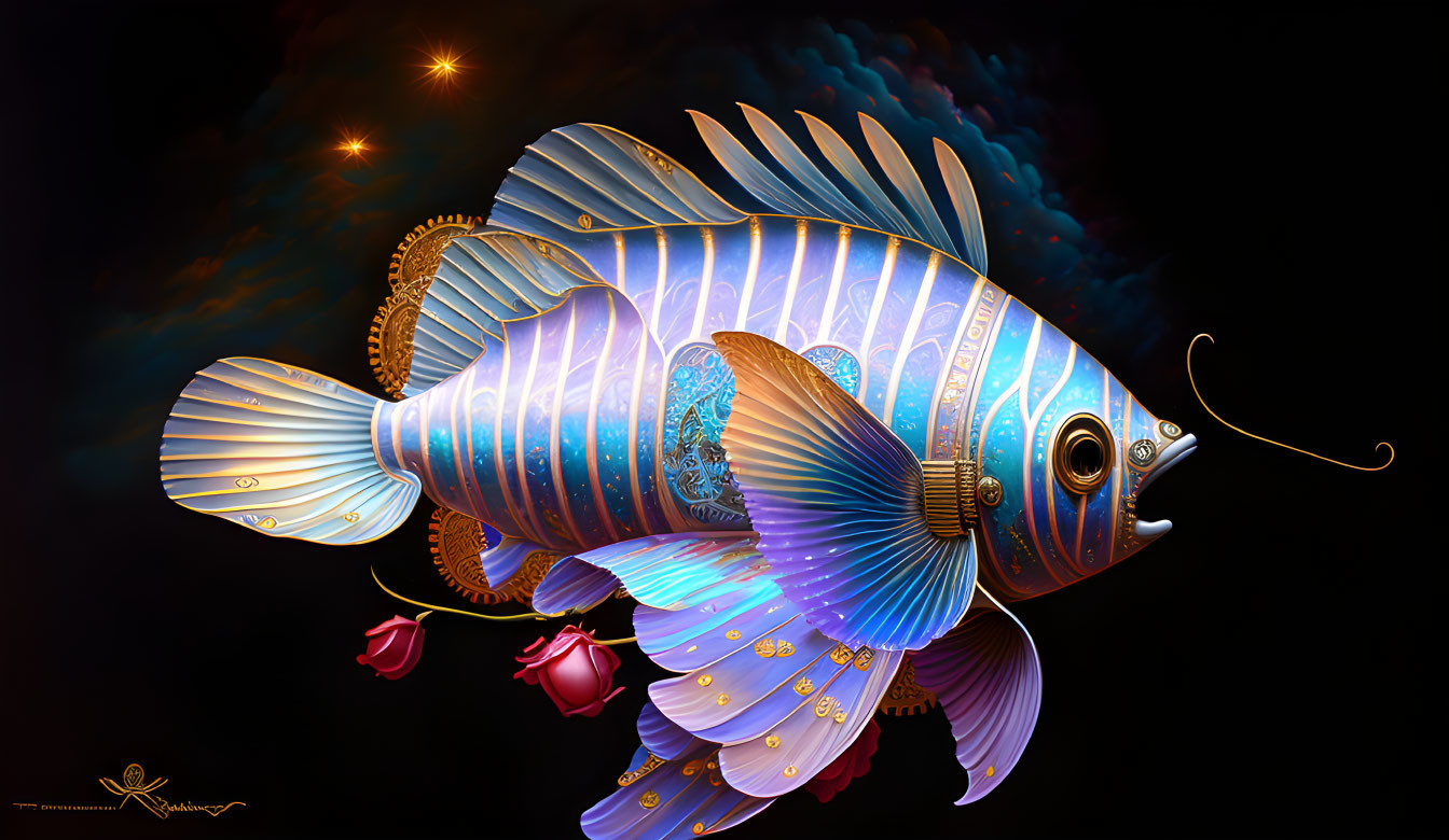 Detailed Fantastical Fish Illustration with Colorful Patterns and Gold Trims