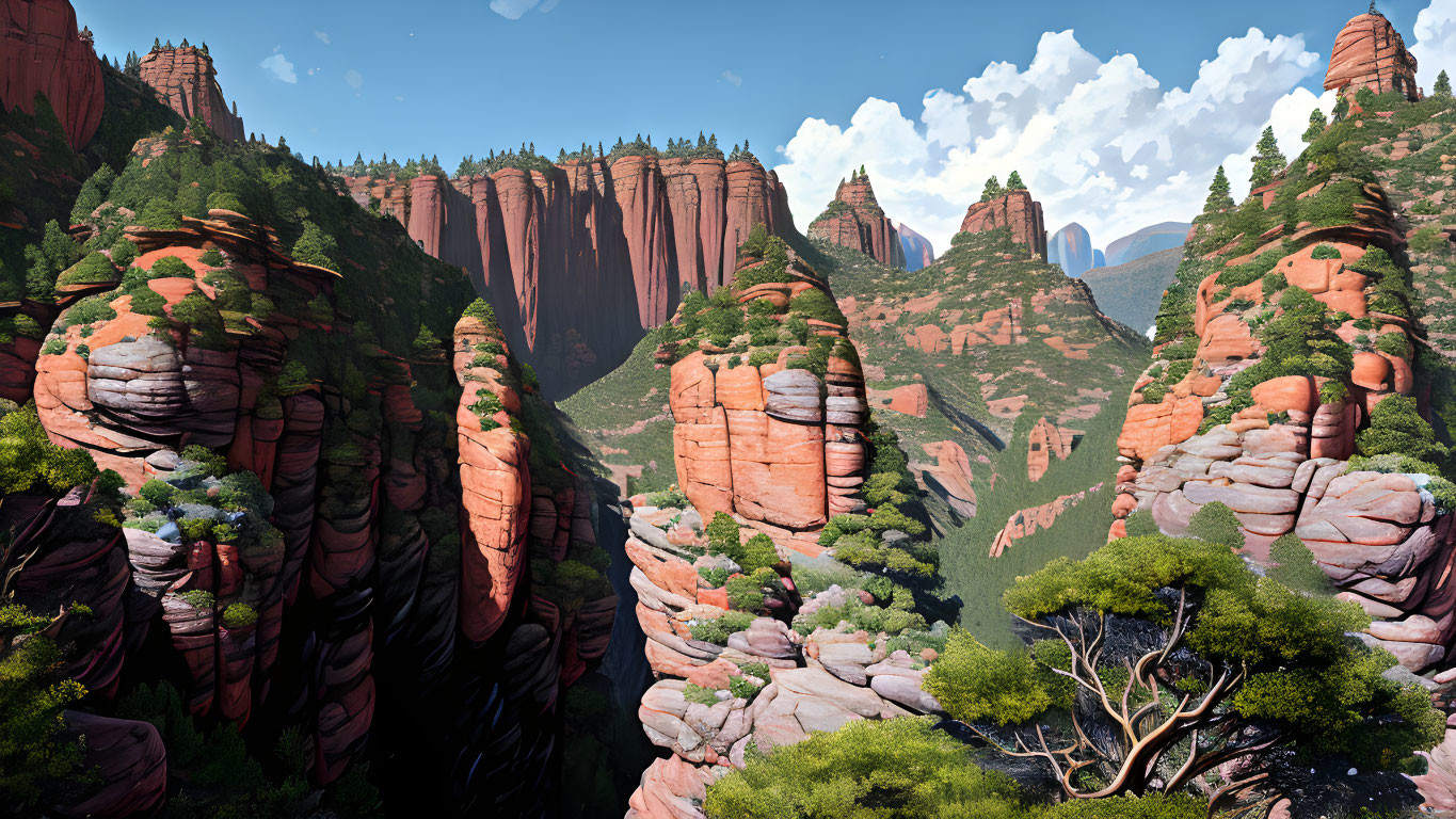 Verdant valley with red rock formations and green foliage