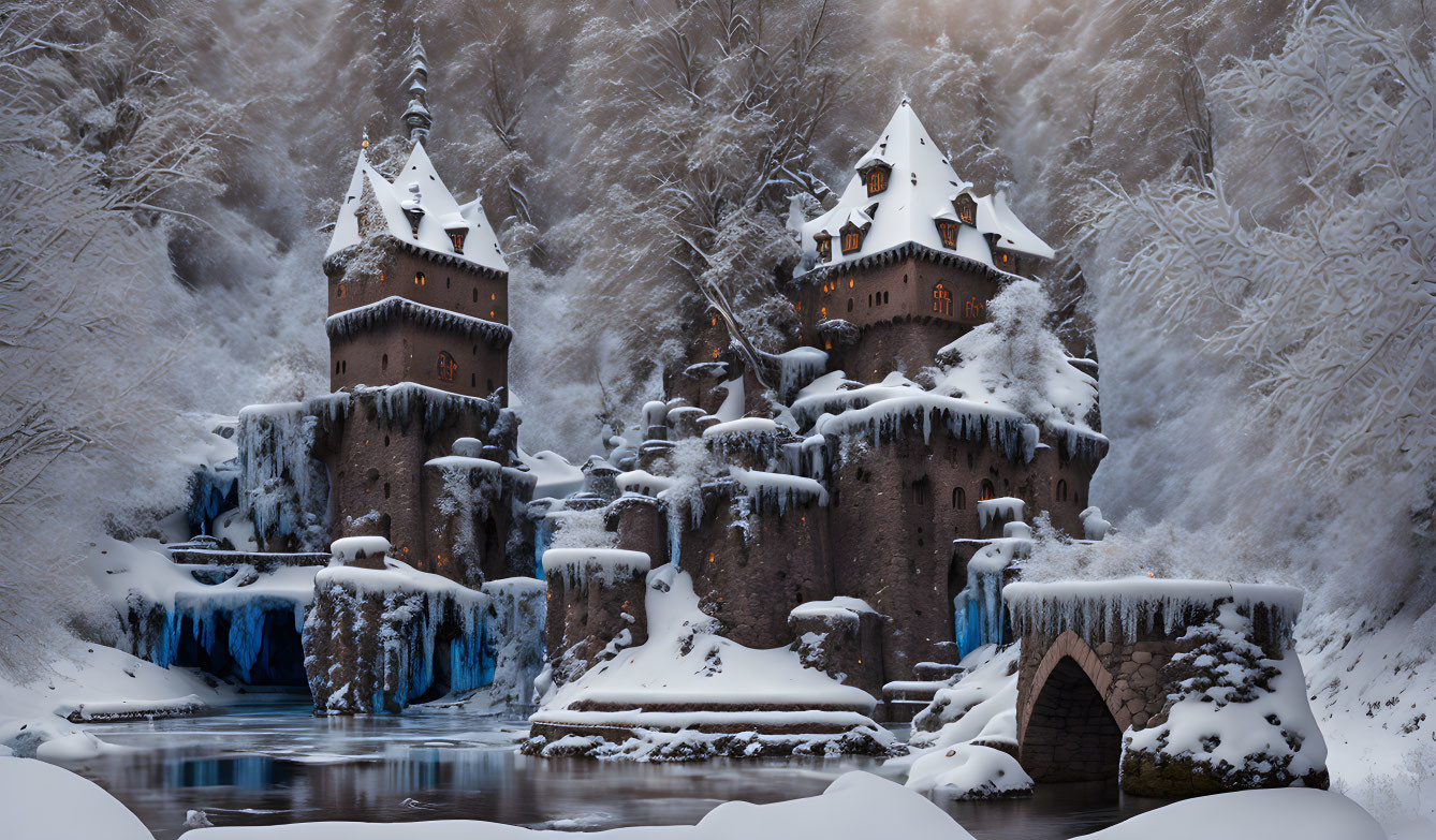 Snowy Fairy-Tale Castle in Frozen Winter Landscape