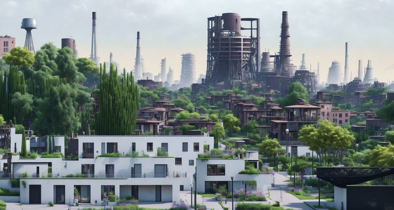 Futuristic cityscape with greenery, modern white buildings, and industrial structures under a hazy