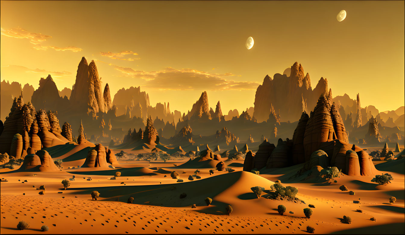 Surreal desert landscape with towering rocks, dunes, sparse vegetation, and two moons