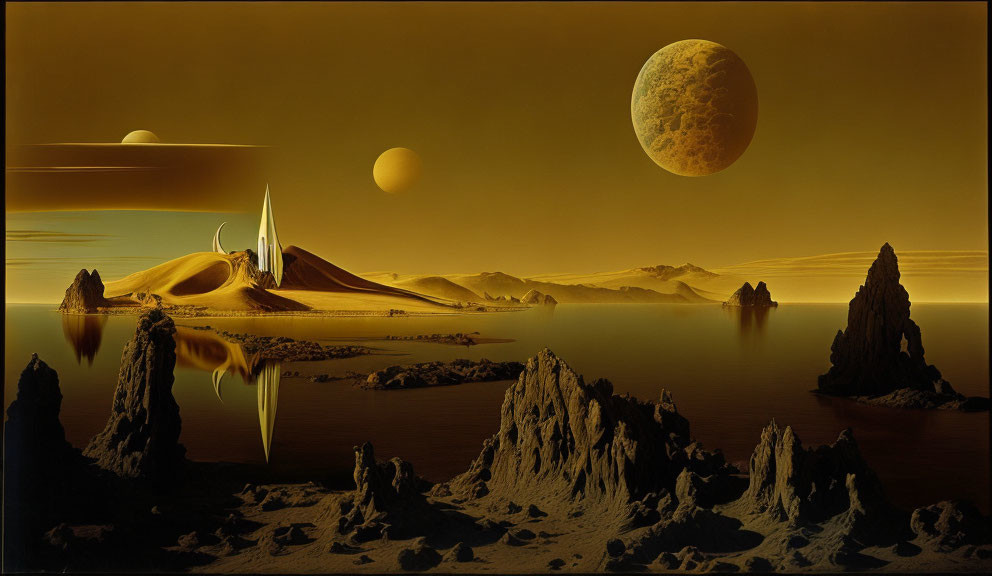 Surreal landscape with towering rocks, reflective water, golden hues, planets, and futuristic structure