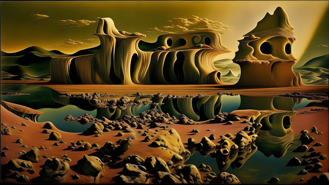 Surreal sepia-toned landscape with flowing rock formations and water reflections