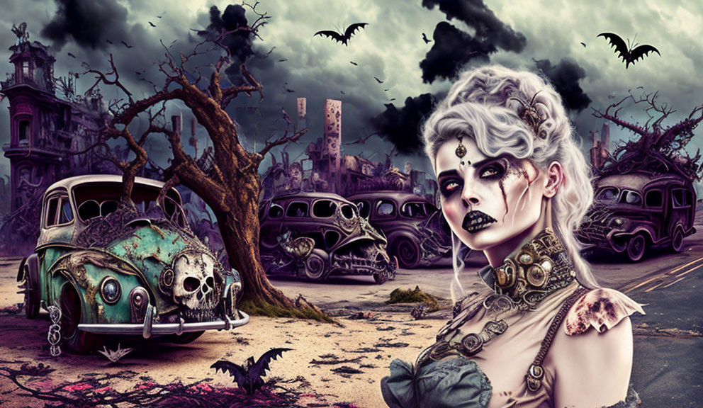 Gothic woman with skull makeup in desolate landscape with bats