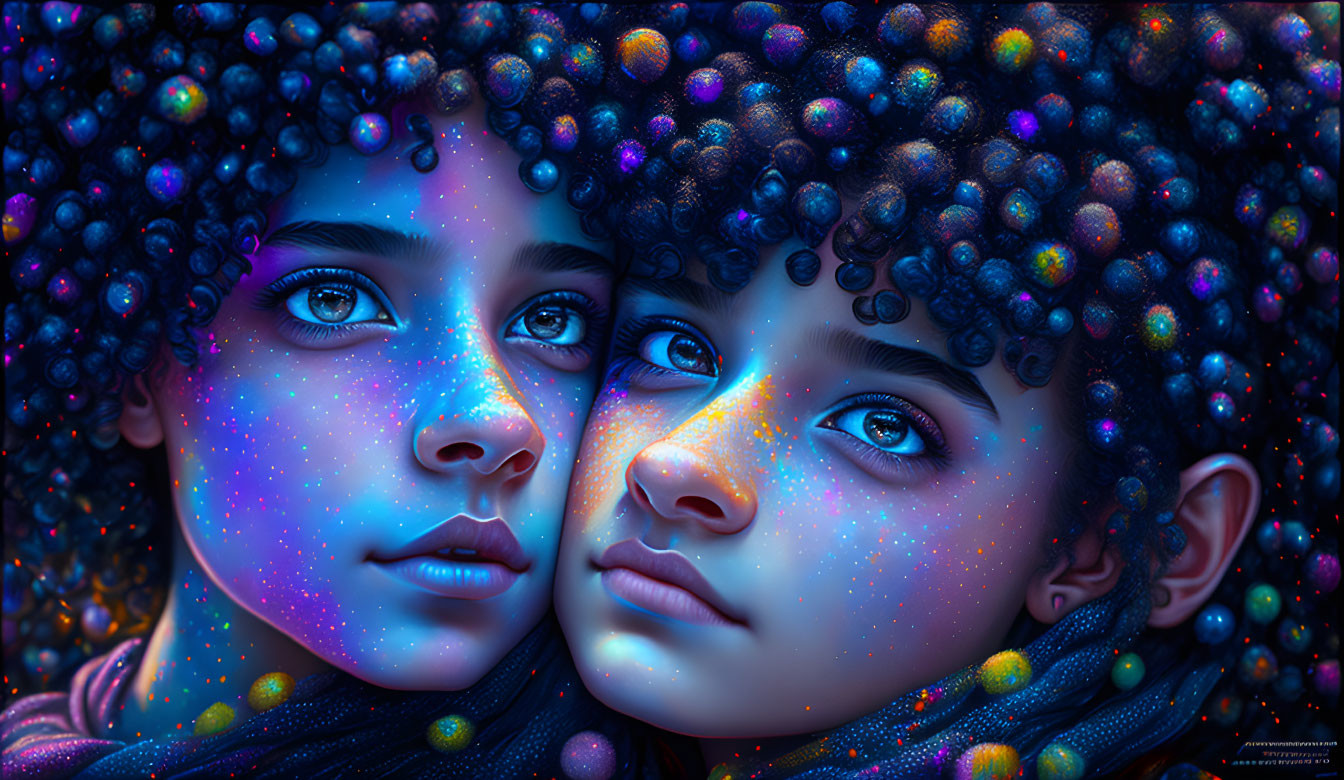 Cosmic-themed digital artwork featuring two individuals amidst colorful orbs