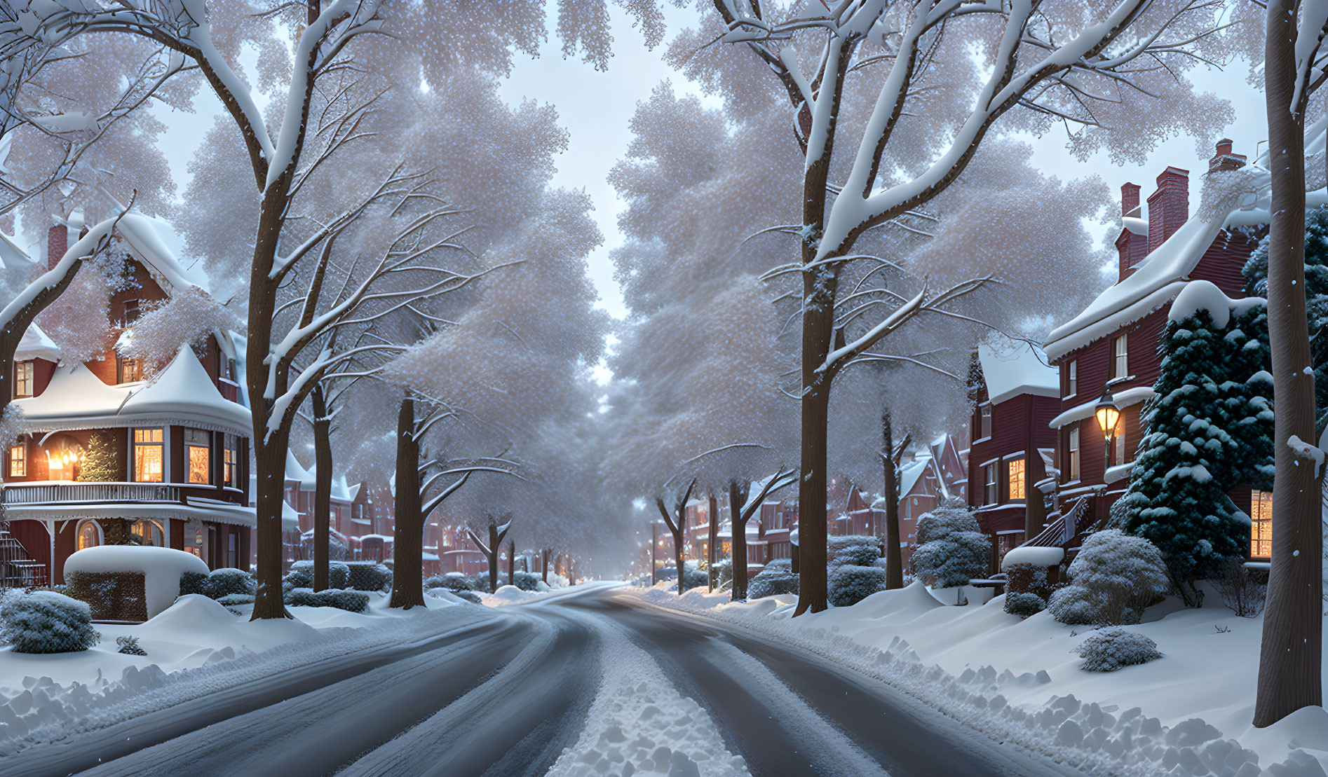 Snowy suburb with tree-lined streets and glowing houses at twilight