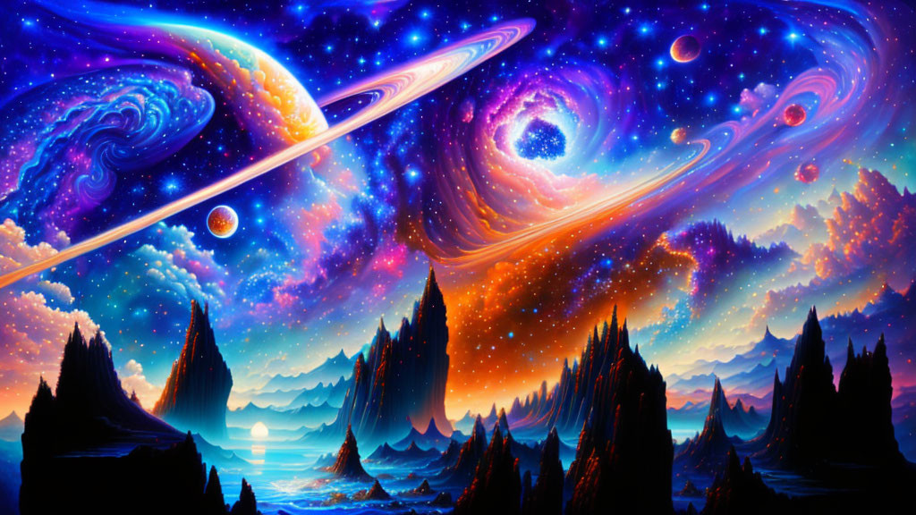 Colorful space scene with galaxies, planets, and mountains at sunset