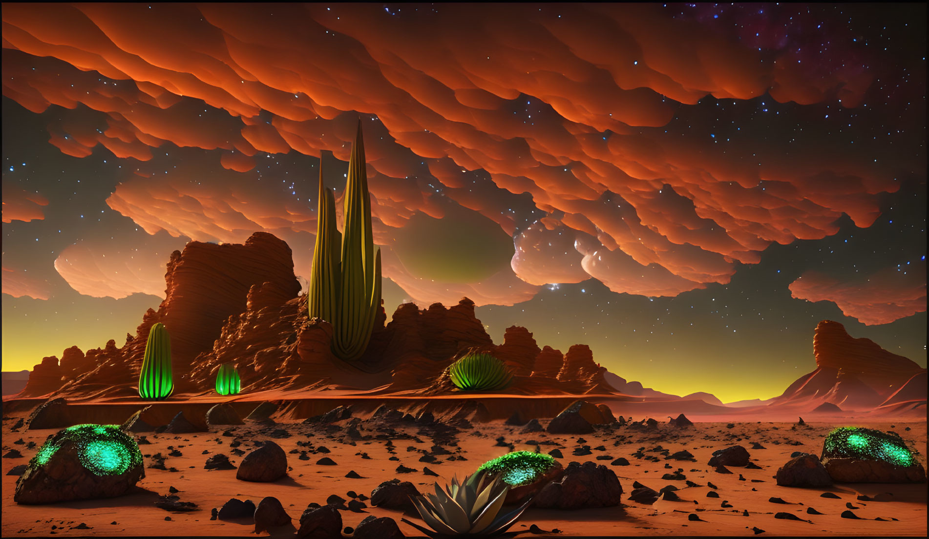 Surreal desert landscape at dusk with towering rock formations