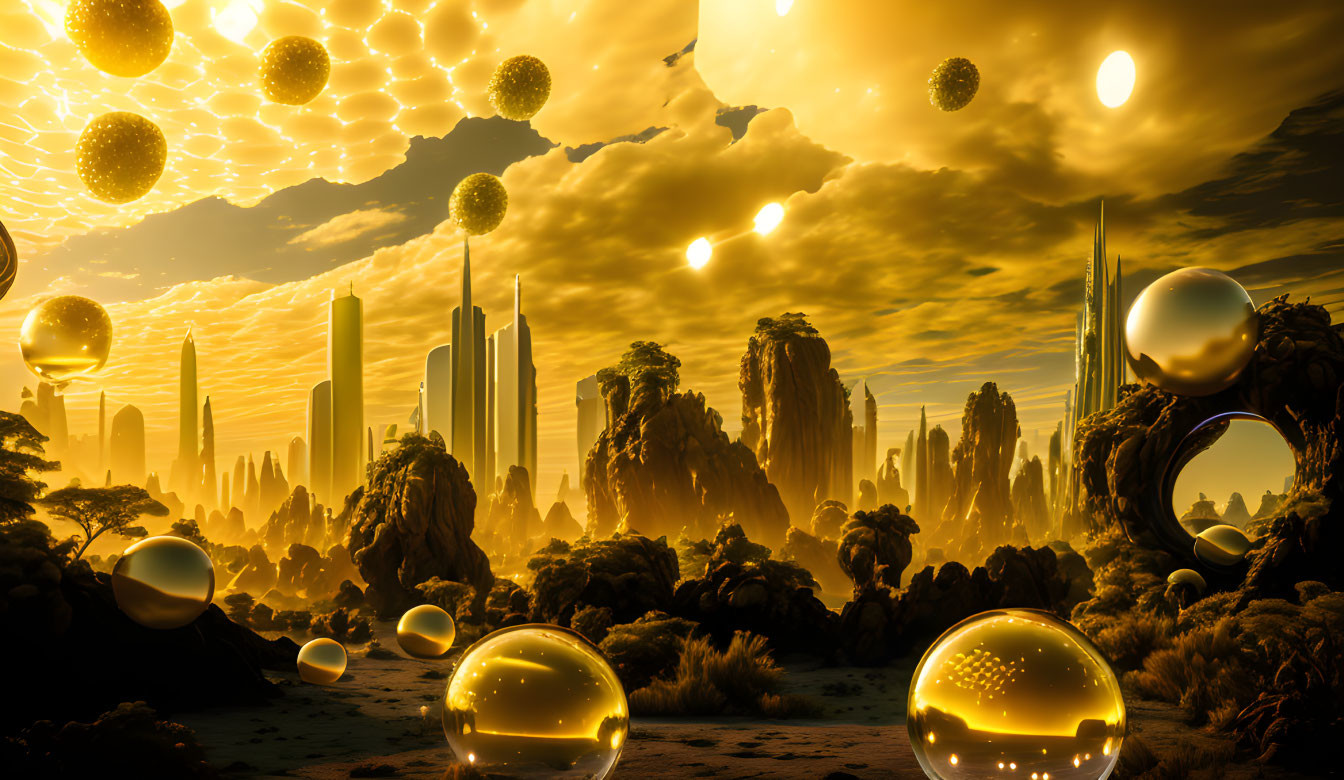 Surreal landscape with floating golden orbs and towering spires