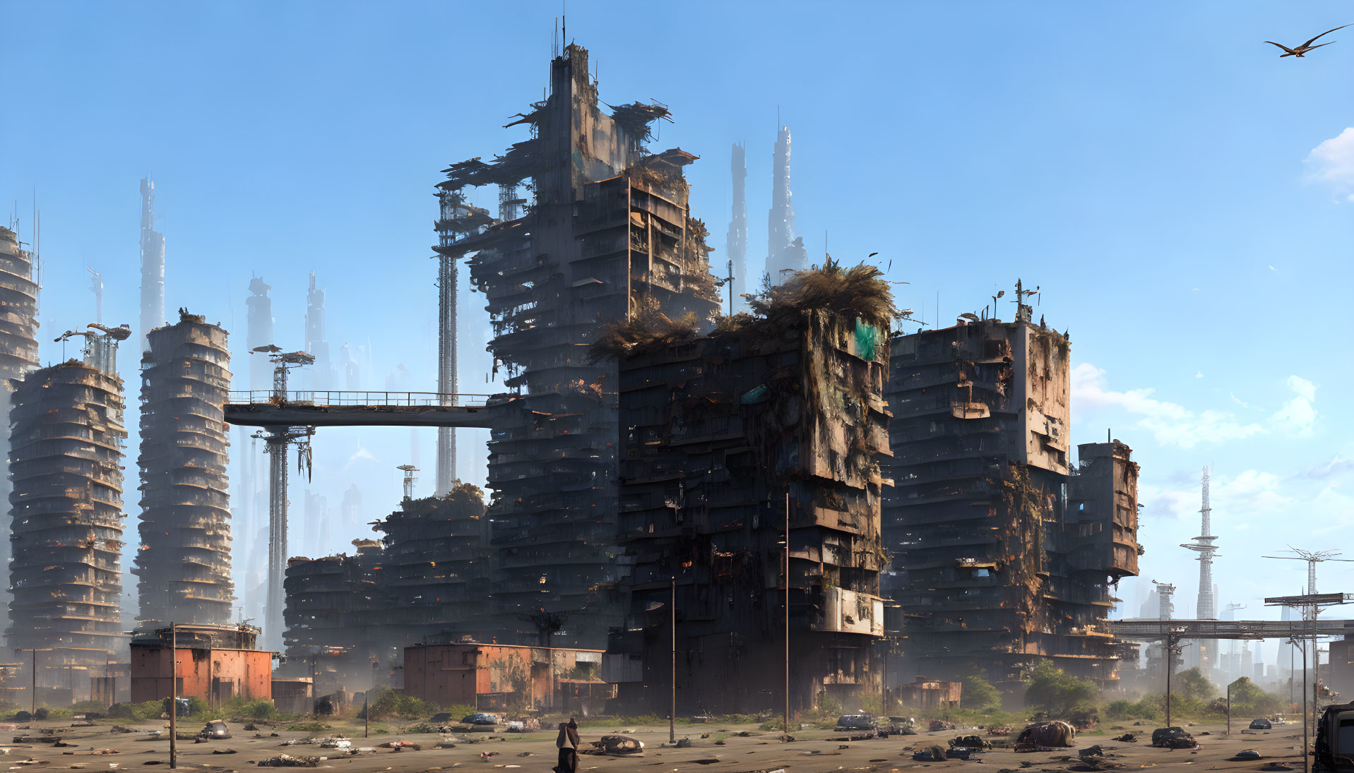 Dilapidated skyscrapers in post-apocalyptic urban landscape