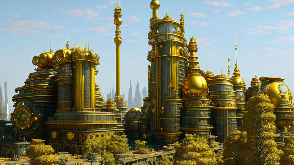 Futuristic golden cityscape with ornate towers and domes