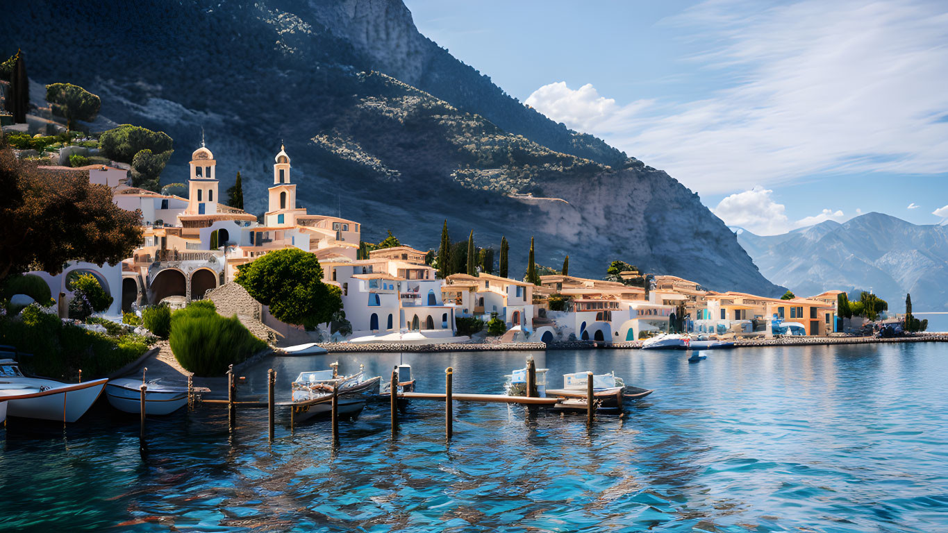 Scenic coastal village with white buildings and terracotta roofs