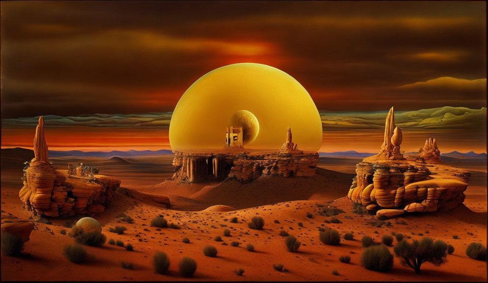 Surreal desert landscape: large moon, rock formations, hidden doorway