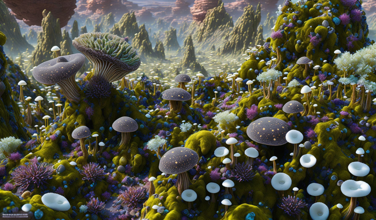 Colorful Alien Landscape with Mushroom Structures and Mossy Hills