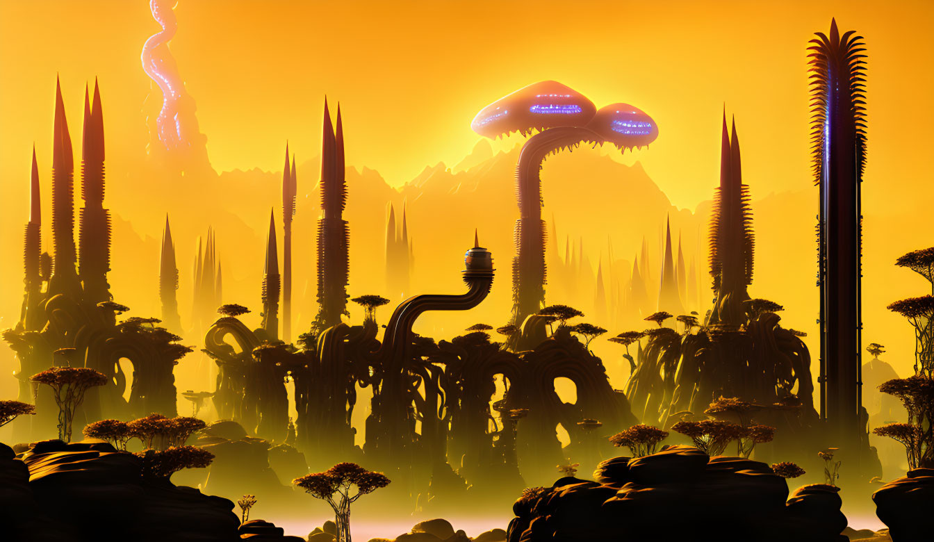 Alien landscape with spiky structures, glowing city, orange haze