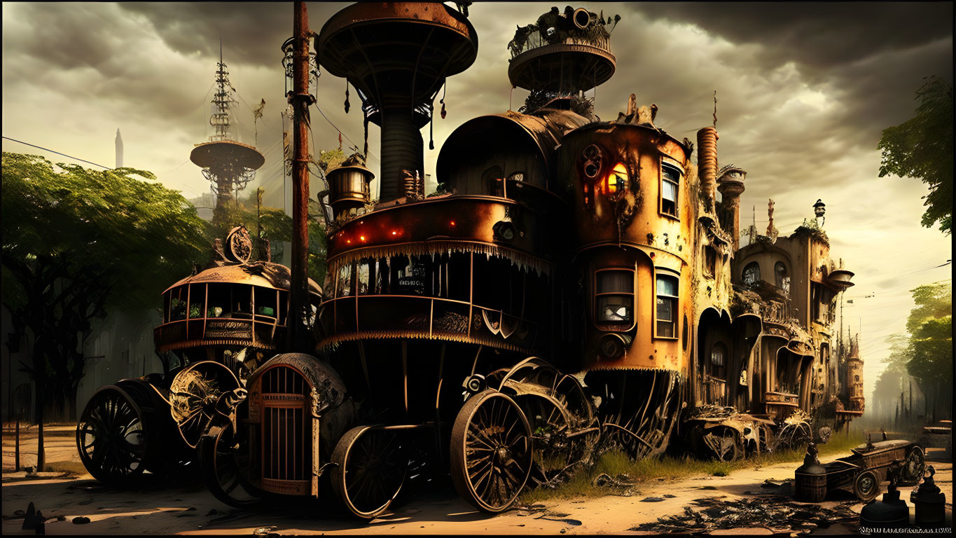 Steampunk-style locomotive fused with building in deserted street.