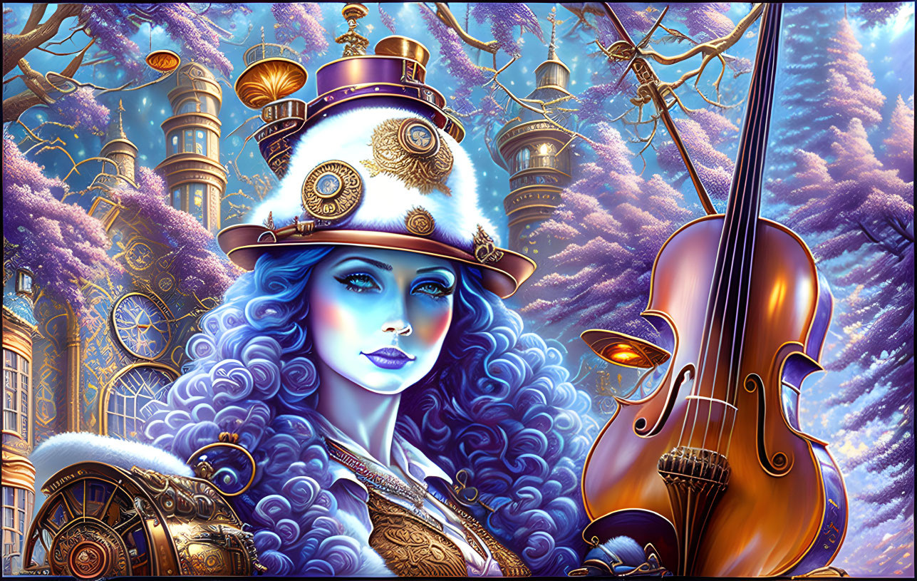 Steampunk-themed illustration: Woman with blue hair, intricate hat, violin, mechanical trees.