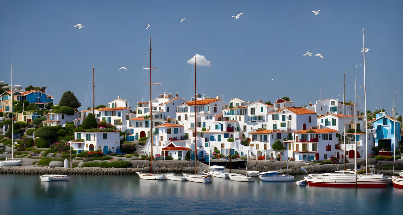 Vibrant Coastal Village with Houses, Sailboats, and Seagulls