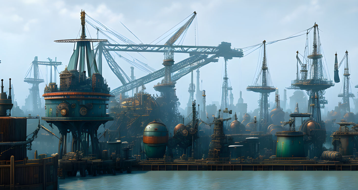 Futuristic industrial harbor with towering cranes and tanks against hazy blue sky