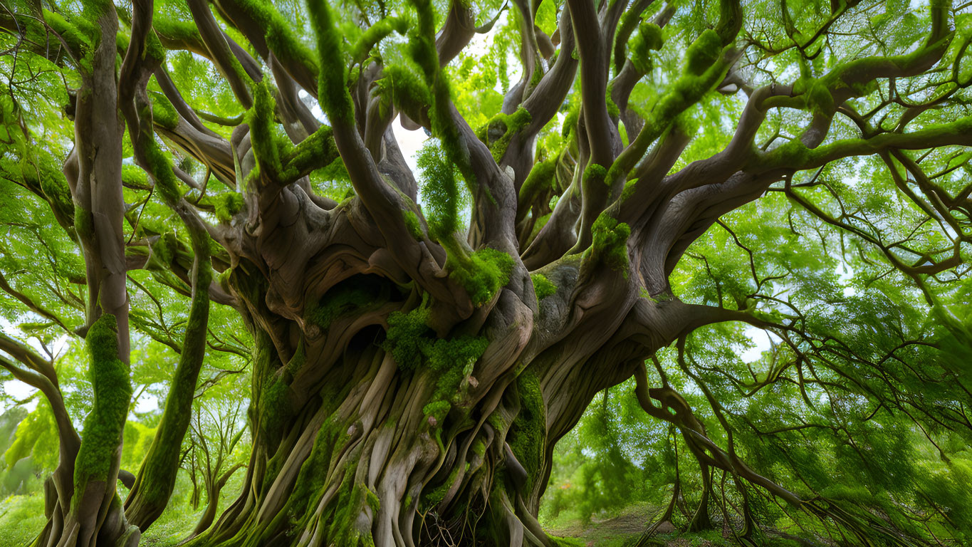 Twisted ancient tree with moss-covered trunk in lush forest