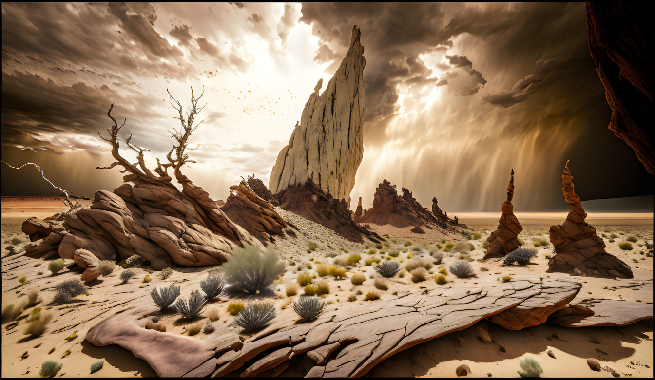 Dramatic desert landscape with towering rock formations and stormy skies