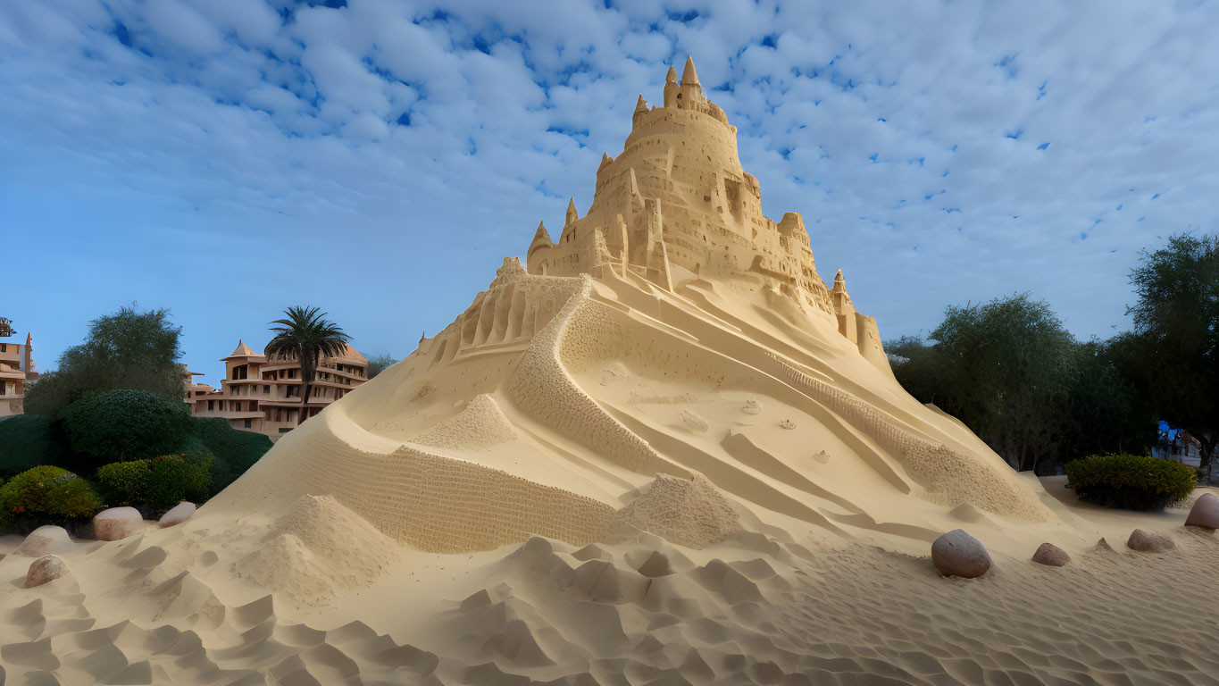 Detailed sandcastle with tiers and turrets against blue sky and buildings.