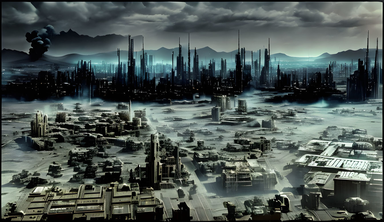 Dystopian cityscape with towering skyscrapers and dark clouds