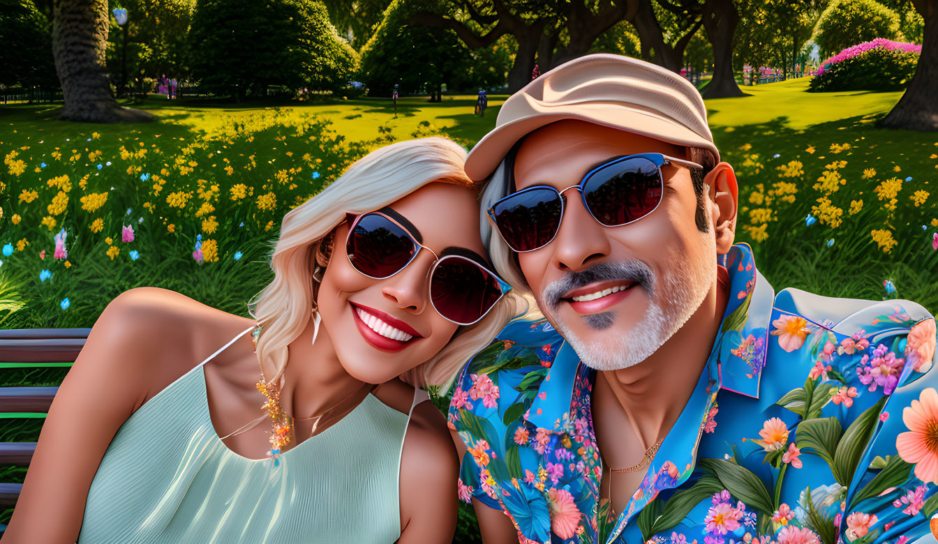 Happy couple in sunglasses on park bench with flowers and trees