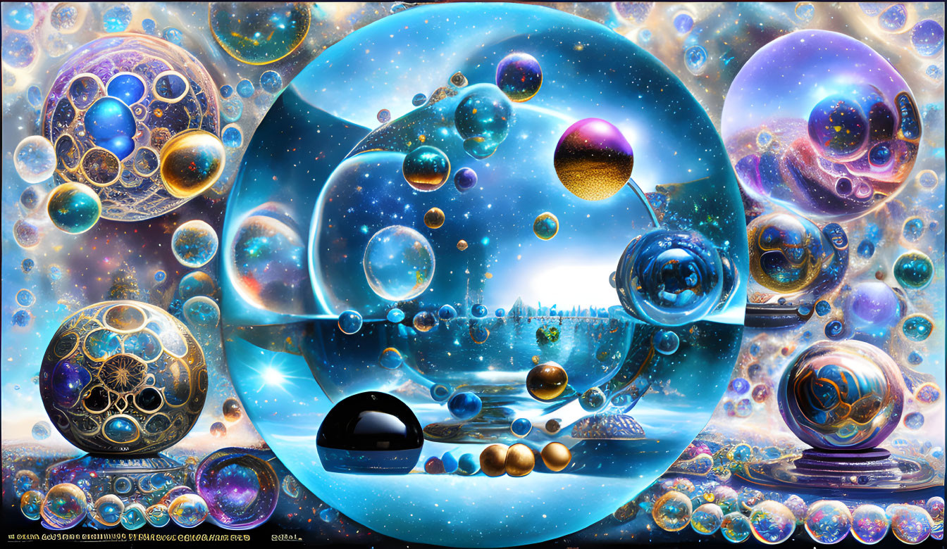 Colorful digital art: Cosmic bubbles with intricate patterns in star-filled space