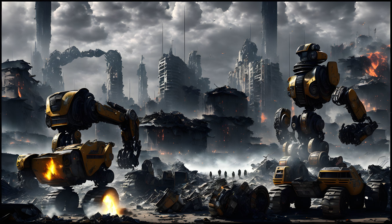 Dystopian landscape with colossal robots and ruins