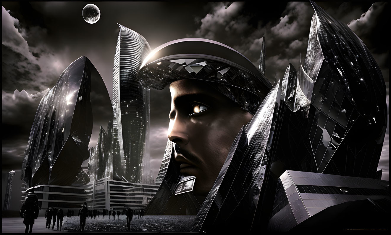 Surreal artwork: giant human face merges with futuristic buildings under dark sky