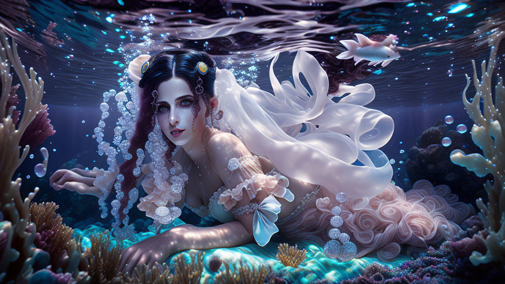 Ethereal woman in mystical underwater scene with marine life and coral